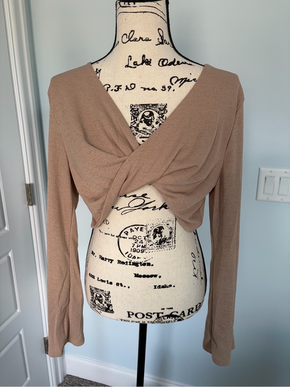 Twist-Front Long Sleeve Cropped Top - Taupe